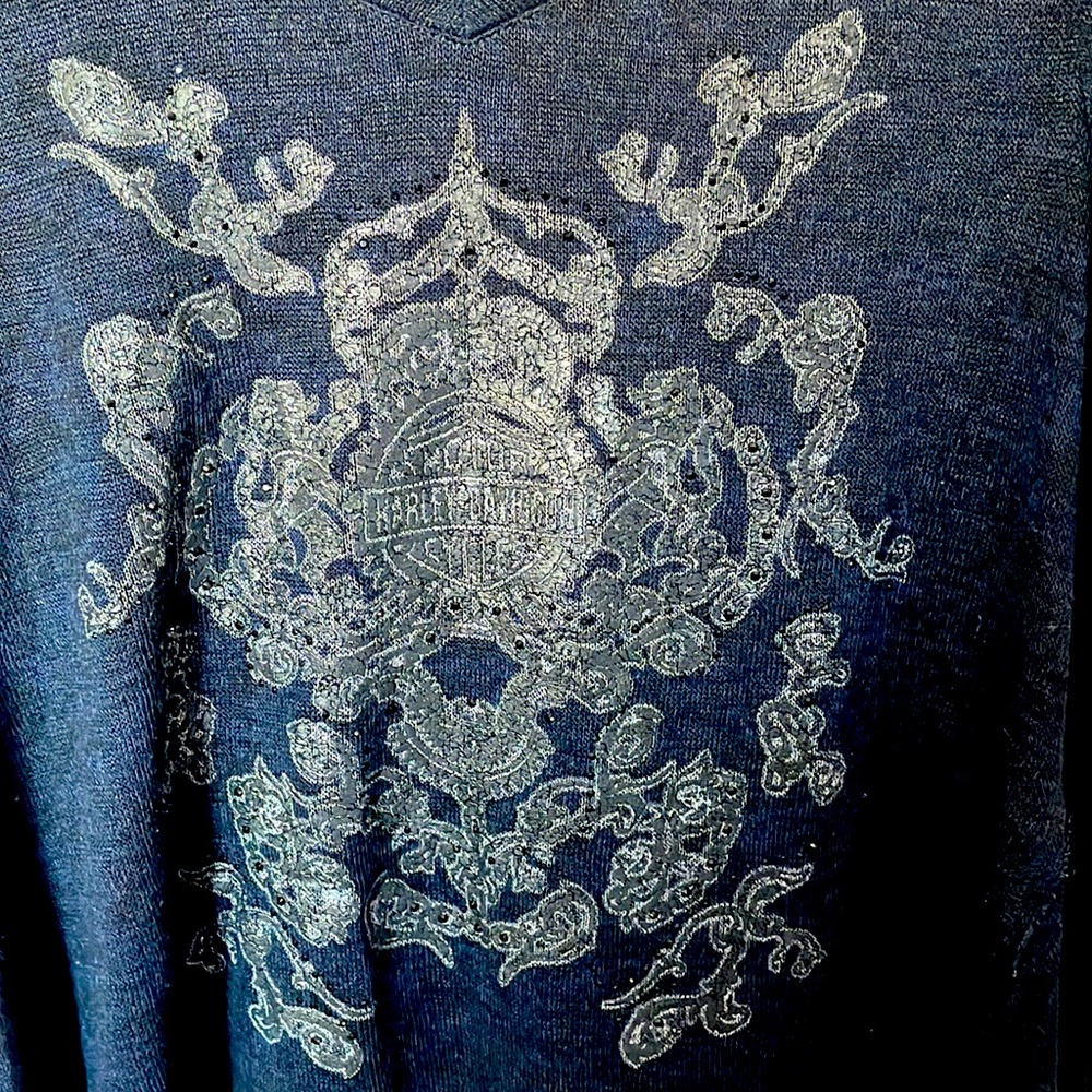 Navy Blue Women Harley Davidson Beaded Lace Backing Sweater Sexy Size 1W. C6